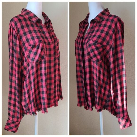 Cloth and‎ Stone Anthropologie Shirt Medium Buffalo Plaid Raw Hem Button Down - Picture 4 of 11